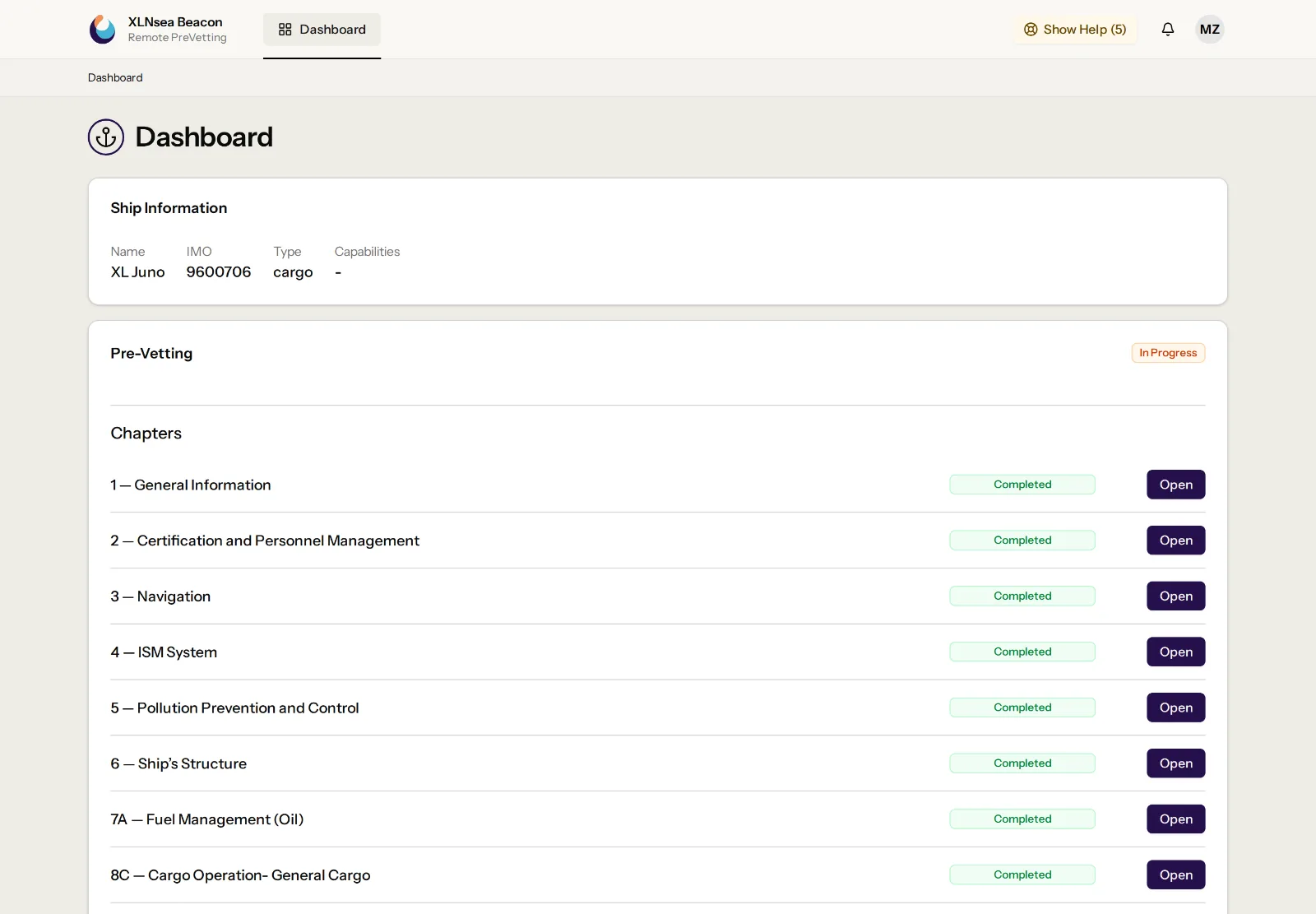 Ship master dashboard showing the active Pre-Vetting and its chapters